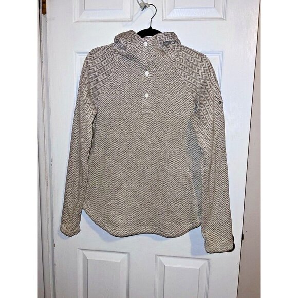 COLUMBIA Sweater Womens Beige Chevron Hoodie Outdoors Cozy Henley 1/4 Button M - Picture 1 of 13